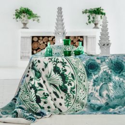 Botanica-Trading-Silk-Road-Duck-and-Deer-Emerald-Aqua-Linen-fabric-Design